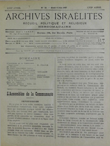 Archives israélites de France. Vol.68 N°23 (06 juin 1907)
